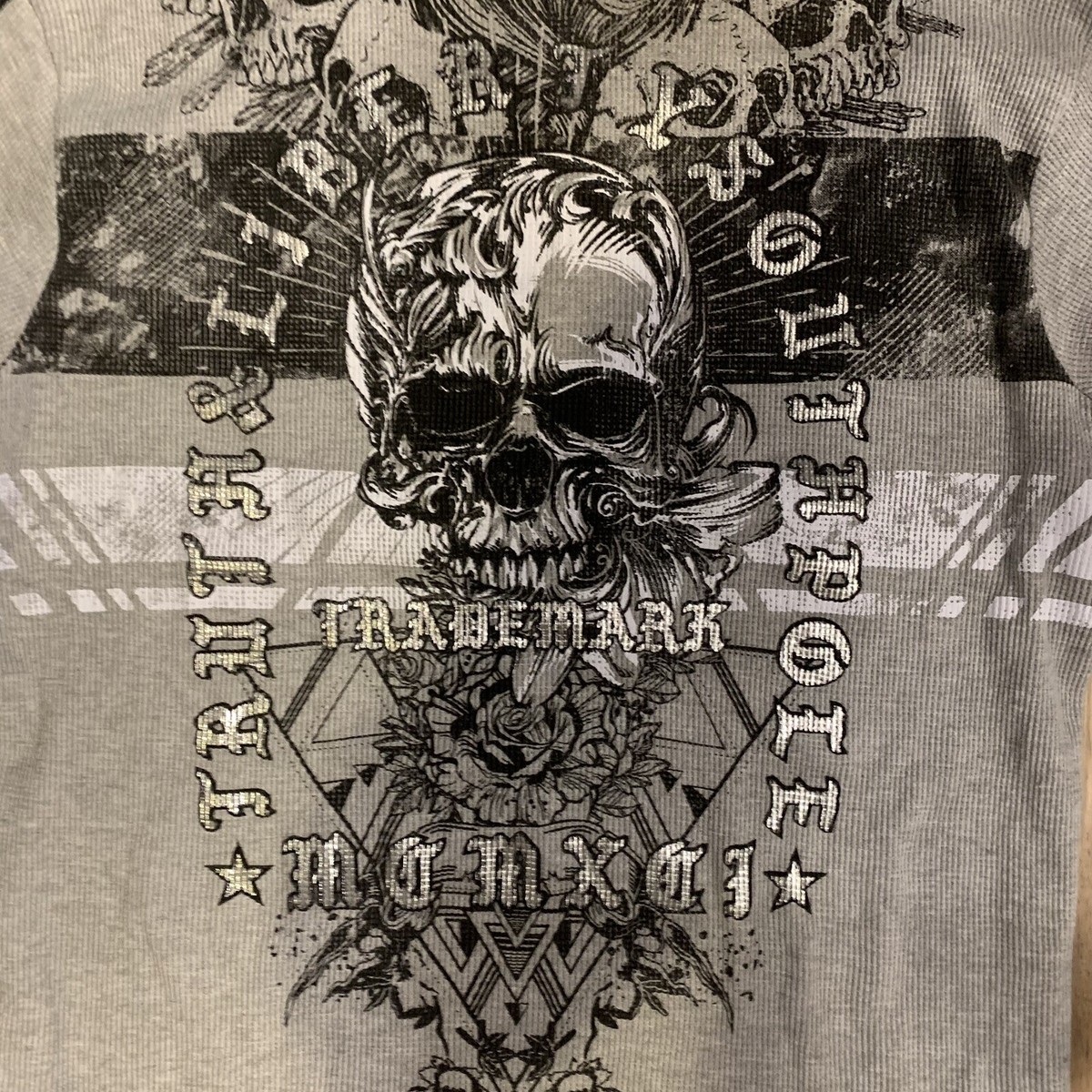 トップス Y2K archive beige Skull Waffle Sleeve Skin Industries Y2K Skull Long Sleeve Affliction Style