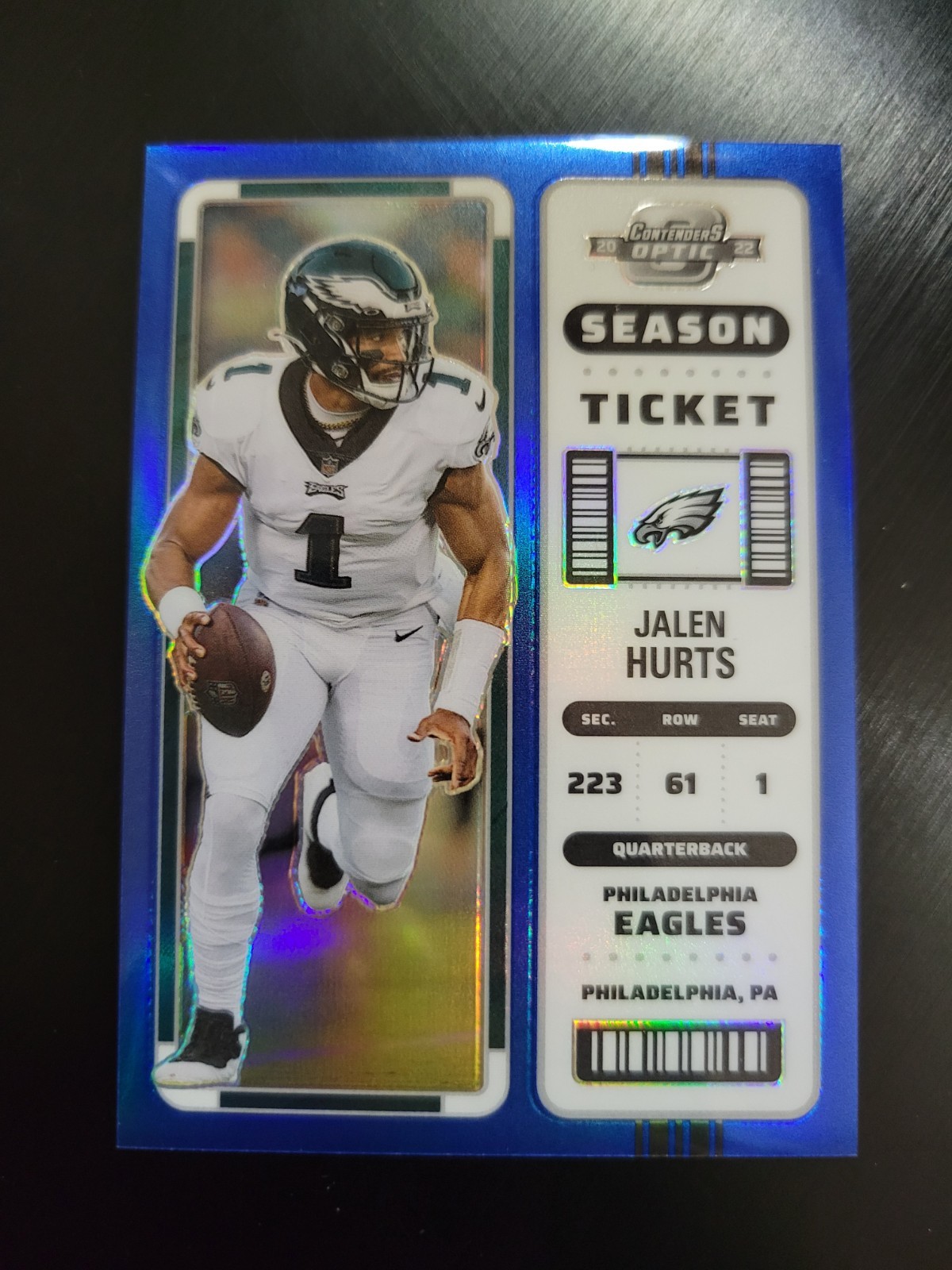 2022 Panini Contenders Optic Season Ticket Jalen Hurts #43 Blue Prizm /99 Eagles