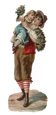 Alte Oblate Glanzbilder Scraps junger Mann mit Kind Blumen....  21cm Rar!!