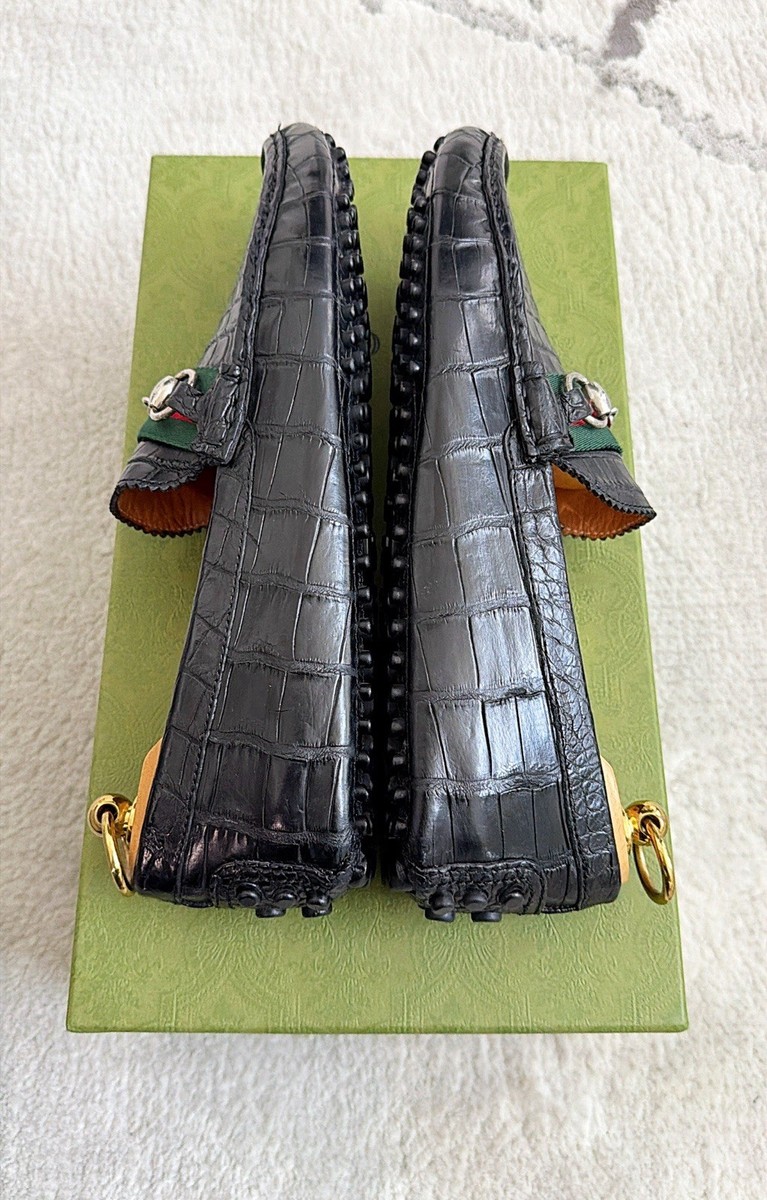 Authentic Gucci Web Black Alligator/Croc Embossed Mens Loafer US10