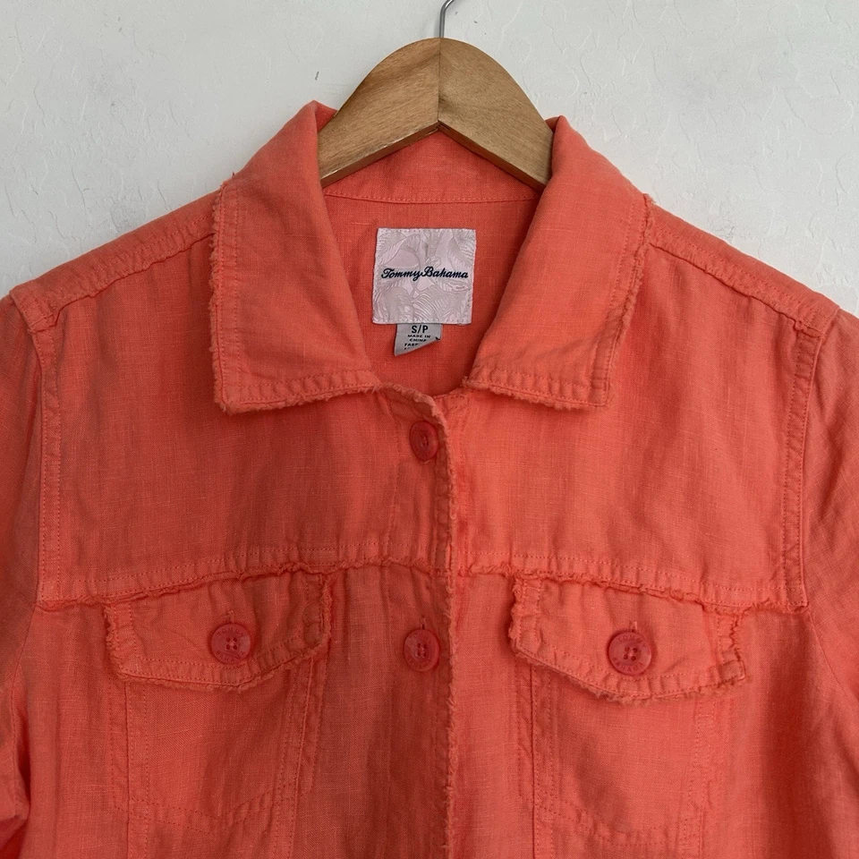 Tommy Bahama Jacket Women Small Linen Raw Edge Two Palms Pockets Fusion Orange - Image 2 of 4