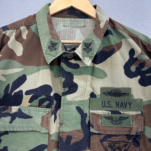 VTG US Navy Seebees Camouflage Military Jacket Woodland Camo L USA 90s Veteran - Picture 2 of 9