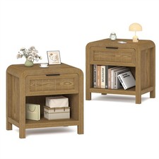 Curved Nightstand Set of 2 with Drawer 21 Solid Wood Teak Bedside End Table