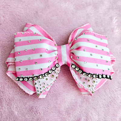 Girls Pink/White Striped Fabric Bow Hair Clip w/ Rhinestone Accents