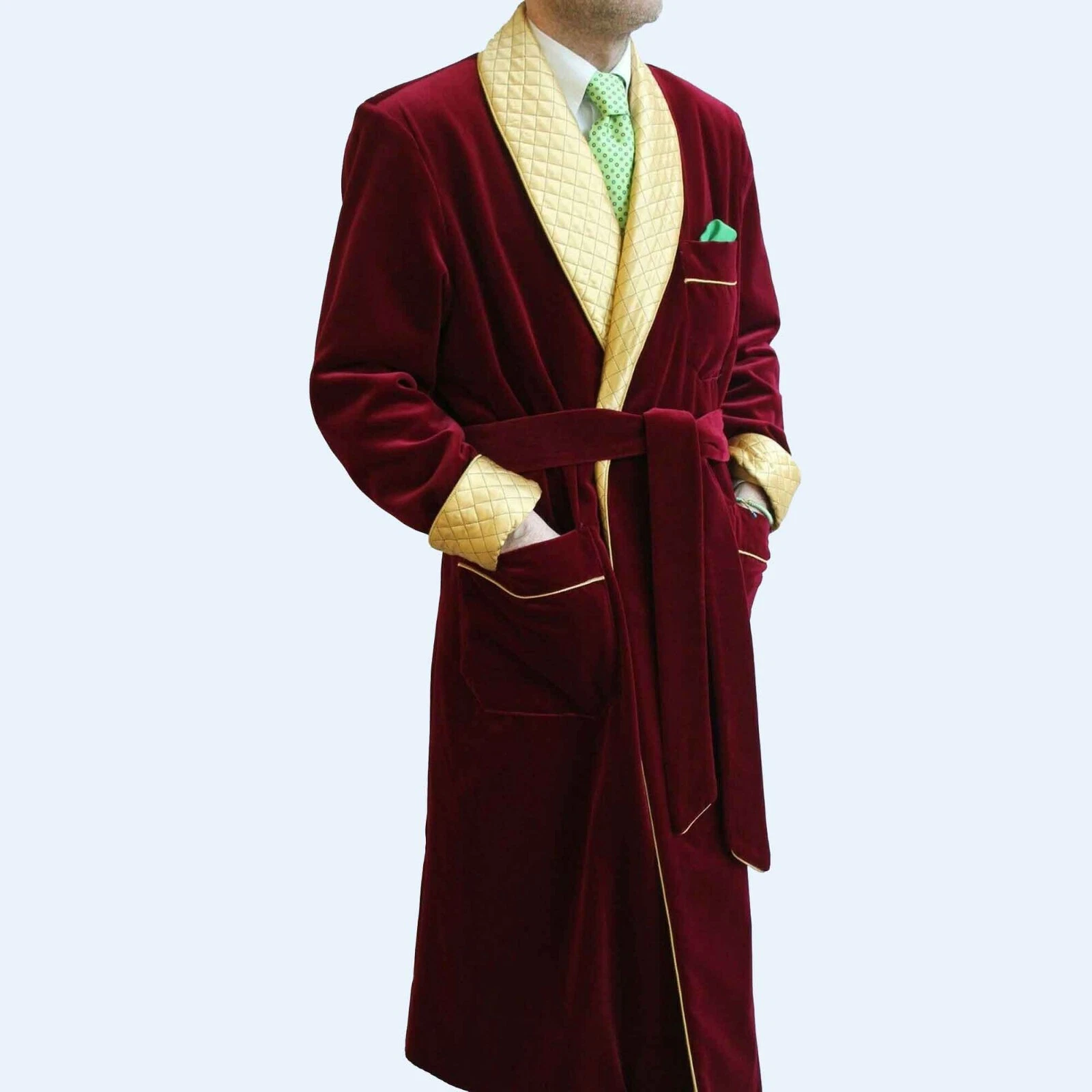 Men's Maroon Velvet Smoking Jacket Yellow Quilted Robe Long Gown Dinner Coat - product detail image 1
