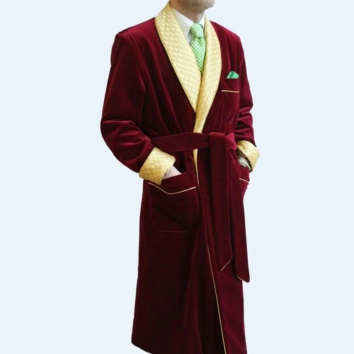 Men's Maroon Velvet Smoking Jacket Yellow Quilted Robe Long Gown Dinner Coat - product listing photo