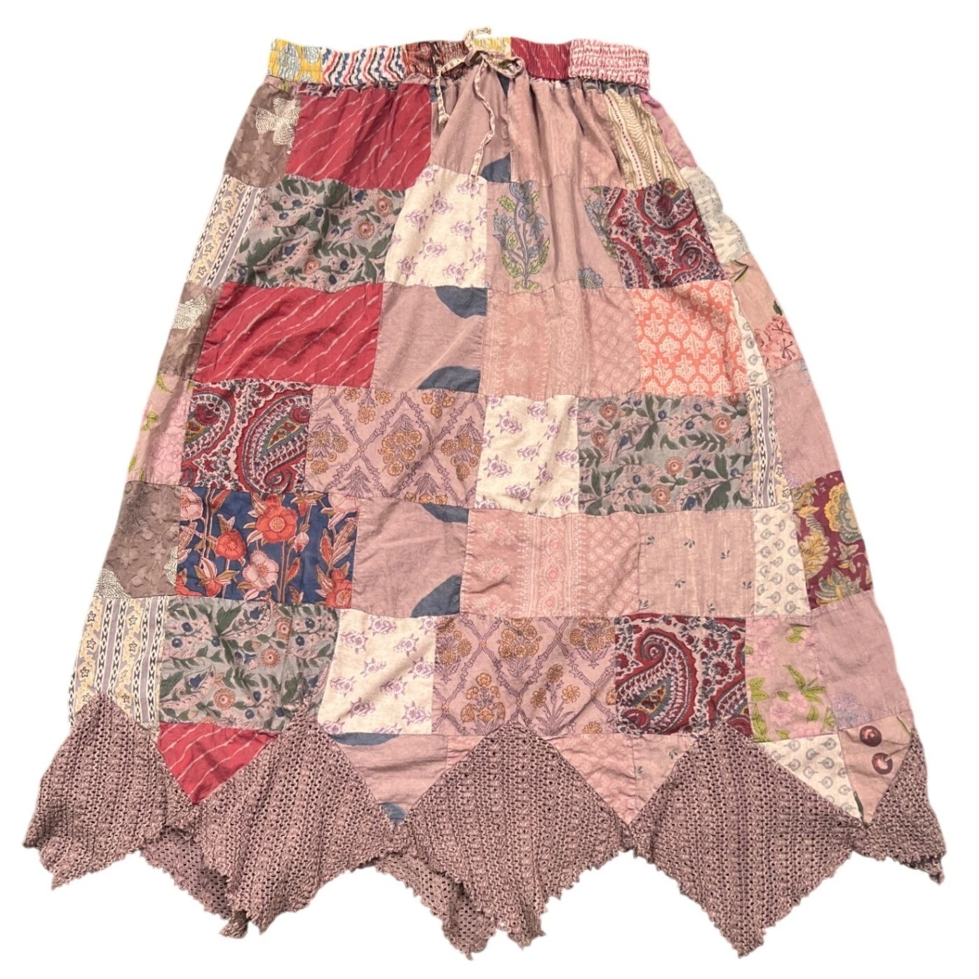 Earthbound Trading Co Patchwork Crochet Hem Boho Maxi Skirt Womens Large