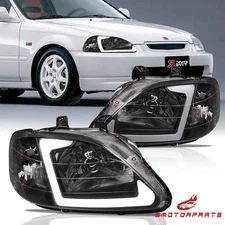 LED Tube Black Headlights w/Amber Reflector For 1999-2000 Honda Civic 1.6L