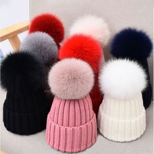 Women Winter Cute Knitted Beanie Cap Hat with Real Fox Fur Pompom Warm 