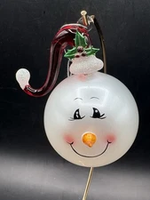 Glass Snowman Head Christmas Ornament Red Santa Hat Orange Carrot Nose CUTE!