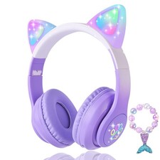 Cat Ear Kids Headphones Bluetooth, LED Light up Wireless/Wired Mode Over Ear ...