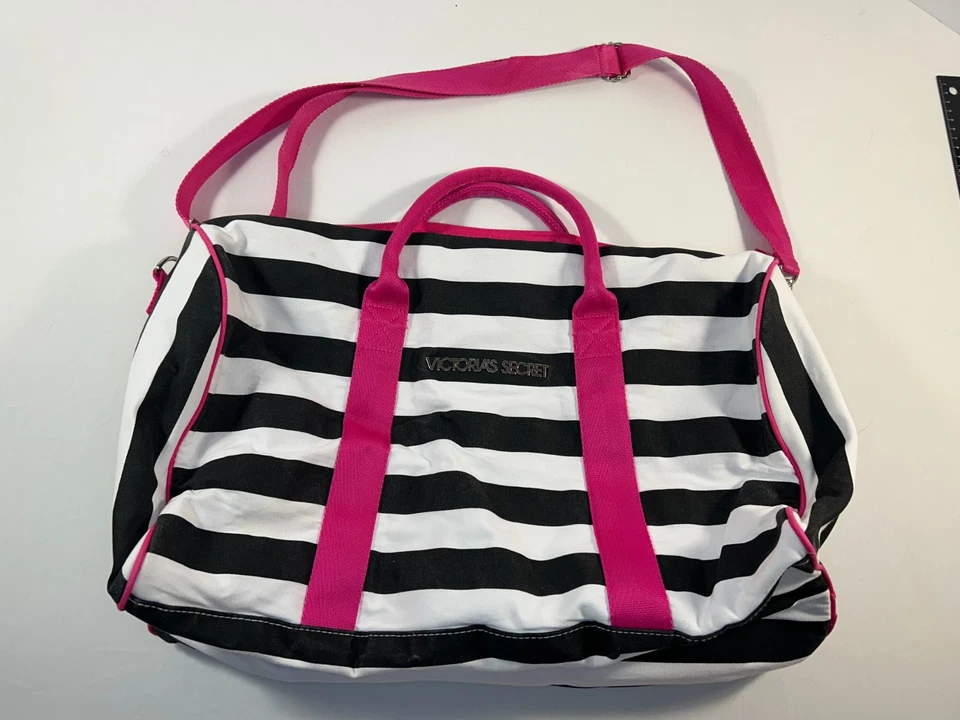 Bolso de Viaje Victoria's Secret Negro Blanco Rayas Rosa Asas Gimnasio Foto 2 de 4