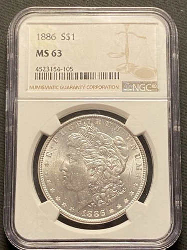 1886-P Morgan Silver Dollar $1 rated by NGC with MS63, Brilliant Uncirculated.
