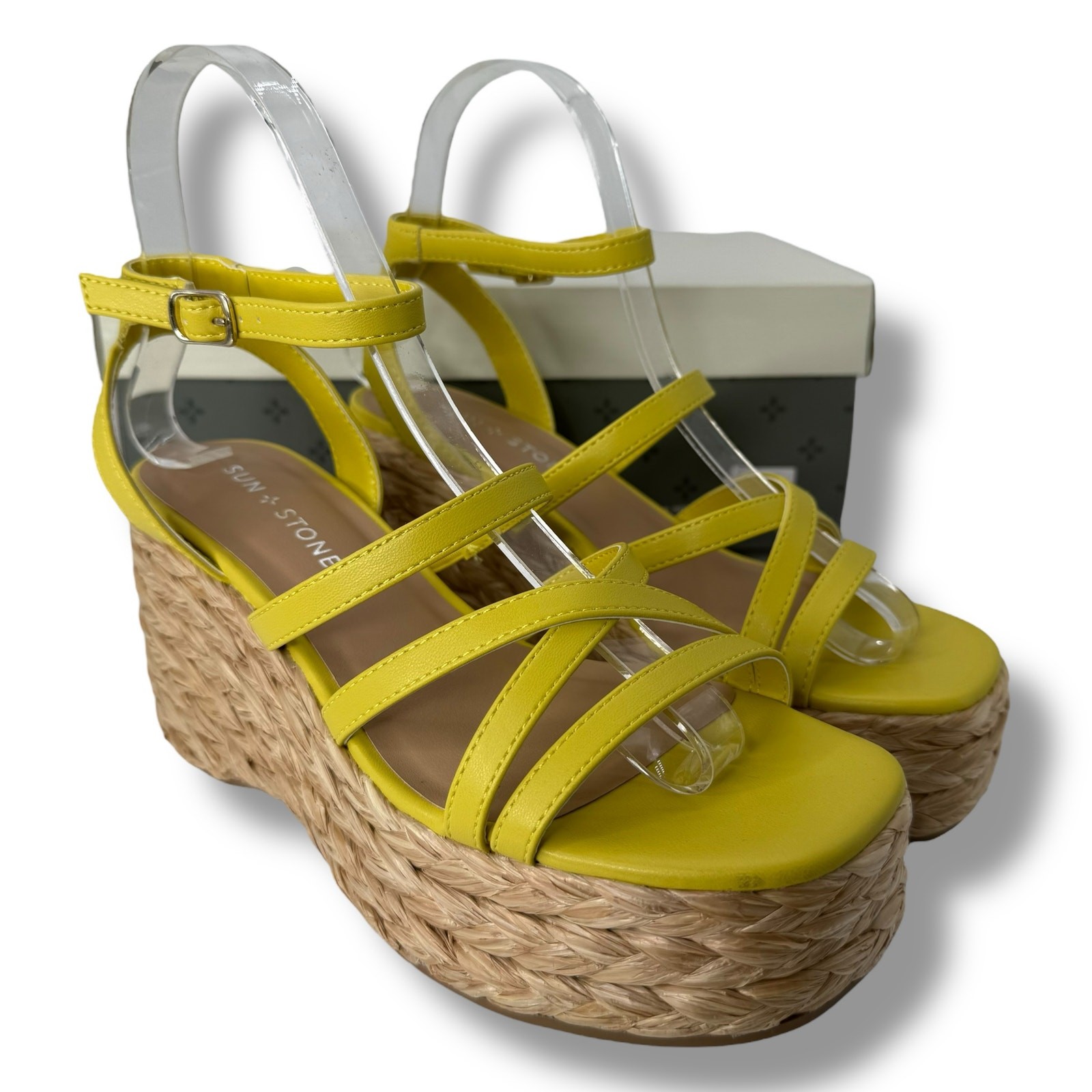 Sun&Stone Size 6 Platform Wedge Espadrille with Square Toe & Citron Straps-image