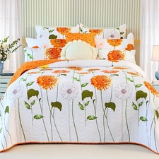 Floral Cotton Quilt Set Orange Sunflower Quilt King Size-3 Piece Cotton Bed