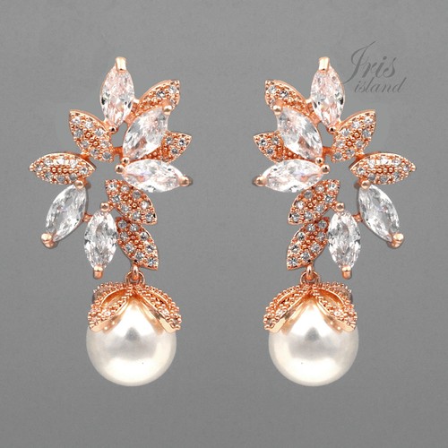 Pearl CZ Cubic Zirconia Wedding Drop Dangle Stud Earrings Flower Rose Gold 09408 - Imagen 1 de 4