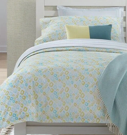 Sferra Geometrico Doble Sábana Plana Algodón Percal Aqua Amarillo Estampado Diamante NUEVO Foto 3 de 4