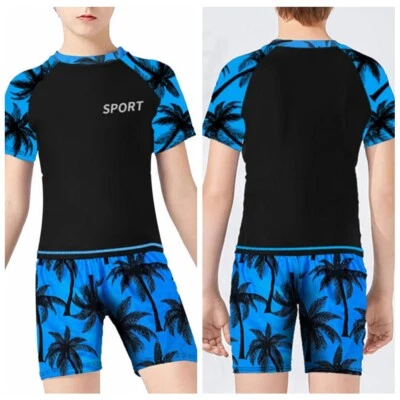 FREEBILY Kids Boys Quick Dry Swimsuit 2 Piece Printed Short Sleeve Swim Top with Short UK