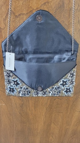NWT Francesca's Star Beaded Gold Black Silver Front Button Purse Chain Strap - Picture 6 of 7
