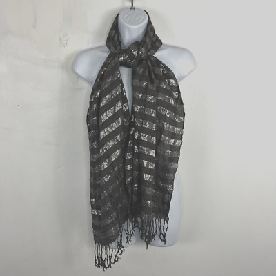 Rectangle Scarf Gray Metallic Silver Striped Fringe Modern Minimalist Chic