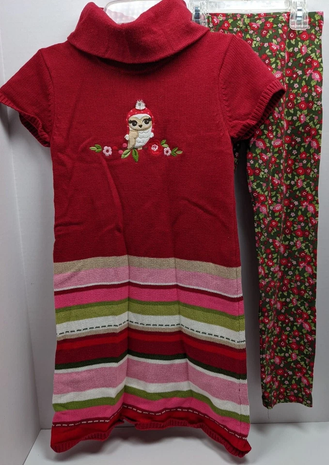 Gymboree COZY OWL Sz 9 Girls Stripe Sweater Dress Flower Leggings Set 2012 EUC - Image 2 of 4
