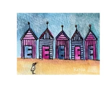 Aceo By Kenna Painting Original Hand-painted Beach Huts 2.5” X 3.5” Signed