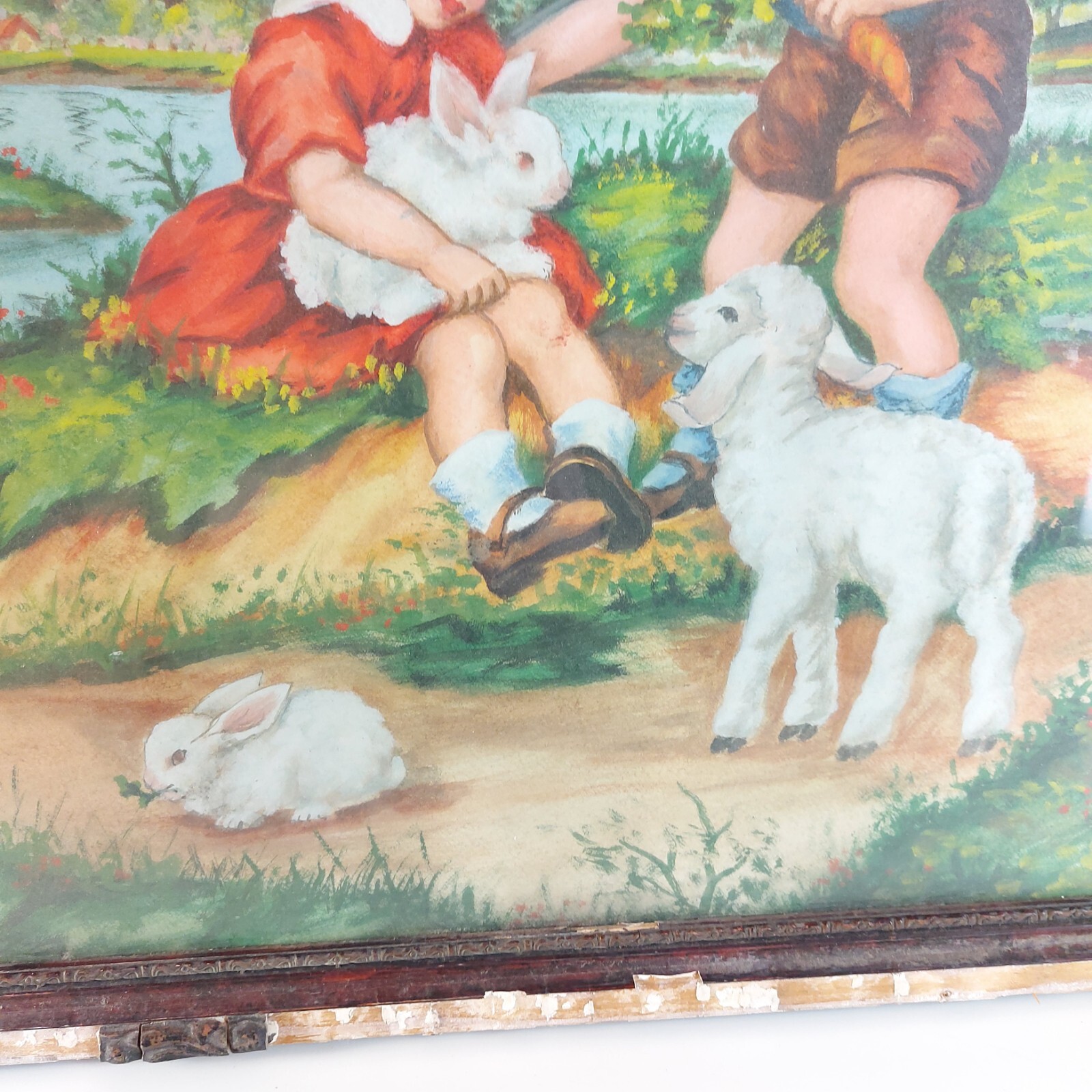 Vintage Painting Children Rabbits Sheep Naive Art 1920s-1950s Austria? Europe