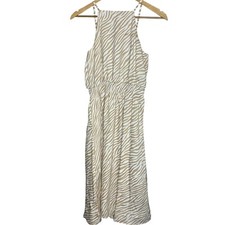 Ann Taylor Women's S Petite High Neck Blouson Midi Dress Beige Tan Zebra Print