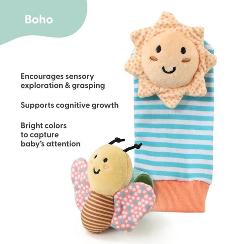 Boho Unisex Baby Rattle Socks & Wrist Rattle Set 5 Piece Gift by The Peanutshell - 第 3/6 張圖片