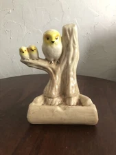 Ceramic White Owls On Branch Vintage Ashtray Momma and 2 Babies Figurine -