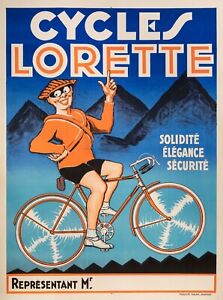 Affiche Originale - Cycles Lorette - Bicyclette - Vélo Cyclisme - Montagne 1925