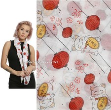 Lucky Cat  Orange Lanterns Maneki-Neko All Over Print Sheer Viscose Scarf NEW