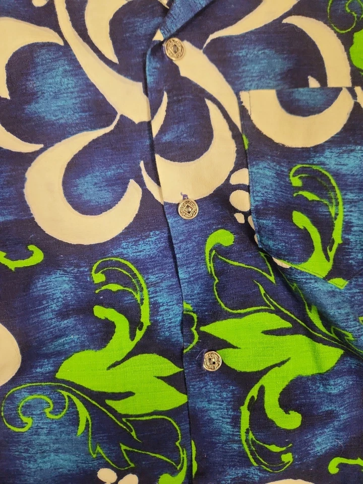 Camisa Floral Tropical Vintage Real Hawaiana Verde Azul Blanco Pequeña Foto 4 de 4