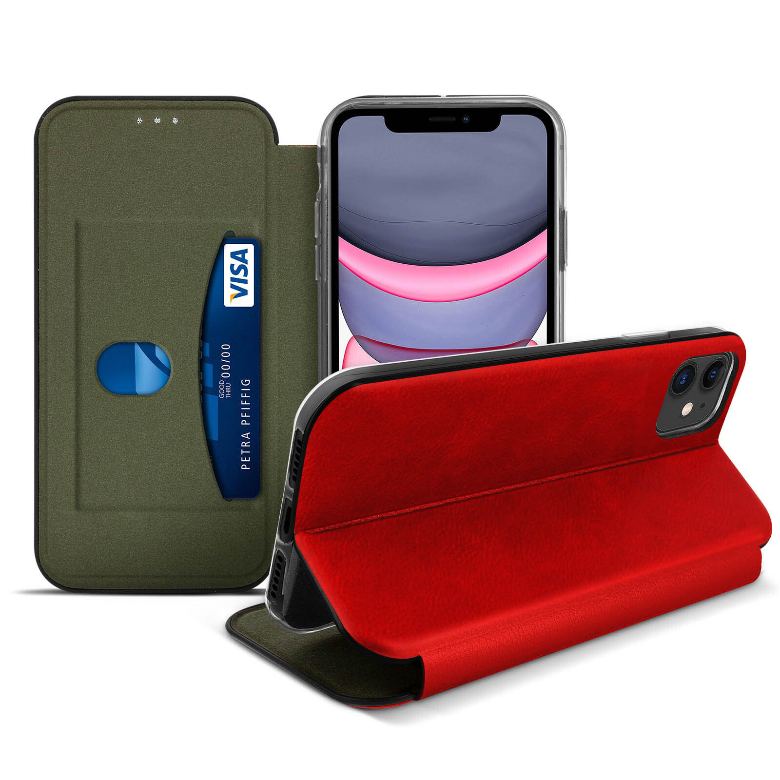 Textured Leather Flip Folio Case with Kickstand&Card Slots for iPhone 11- Red