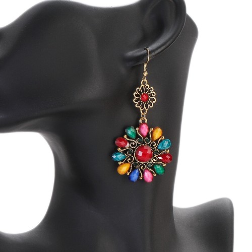 Vintage Blue Red Round Folower Dangle Earrings for Women Lnlaid Zircon Jewelry - Picture 8 of 26