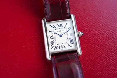 Rare Cartier Tank Louis 2678  Large 18k White Gold Watch Burgundy Strap W1540956