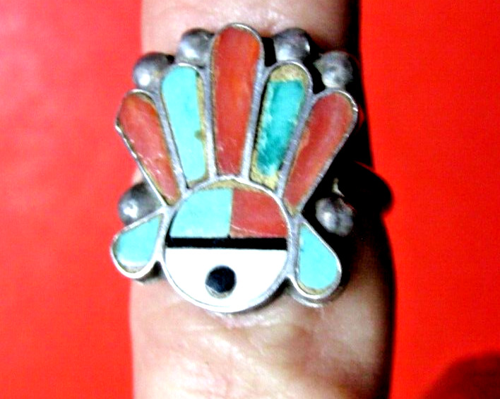 STERLING SILVER RING ZUNI NAVAJO .800 TURQUOISE CORAL ONYX NATIVE AMER OLD PAWN