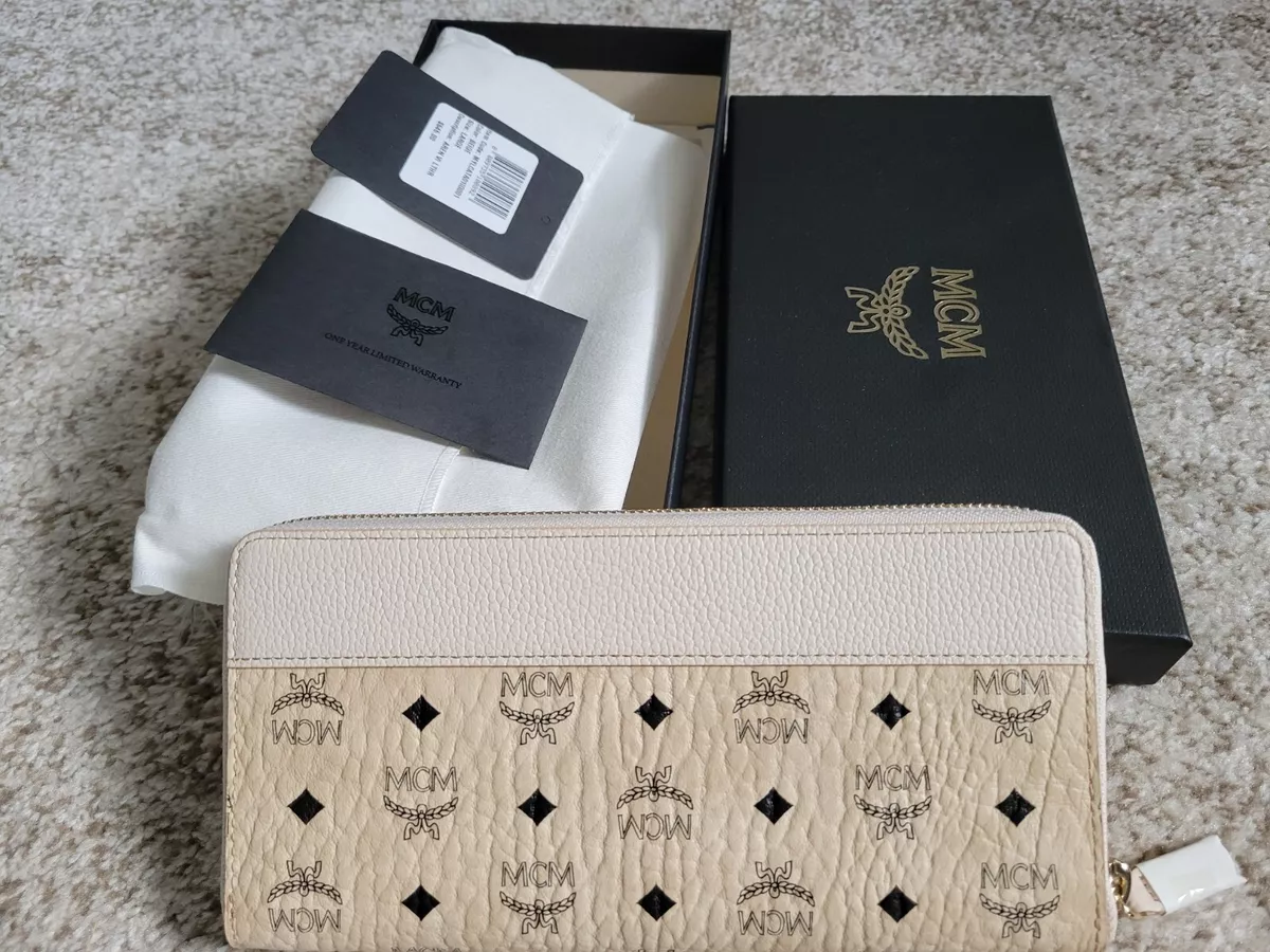 MCM Aren Large Beige Visetos Leather Zip Around Clutch Wallet. NWT