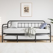 Twin Metal Daybed Frame with Trundle, Heavy Duty Steel Slat Support, Black