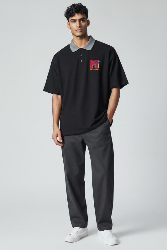 90' Authentic Block Logo Grunge MTV Black Polo Shirt Promotion Advertising Sz L