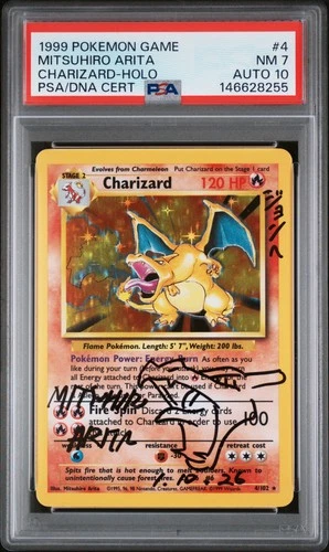 1999 POKEMON BASE SET UNLIMITED ARITA SIGNED #4 CHARIZARD-HOLO PSA 7 DNA AUTO 10