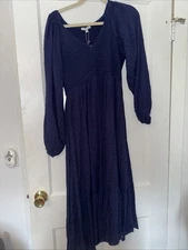 Baltic Born Nwt Lainey Smocked Dotted Midi Dress Sz Medium Midnight Blue