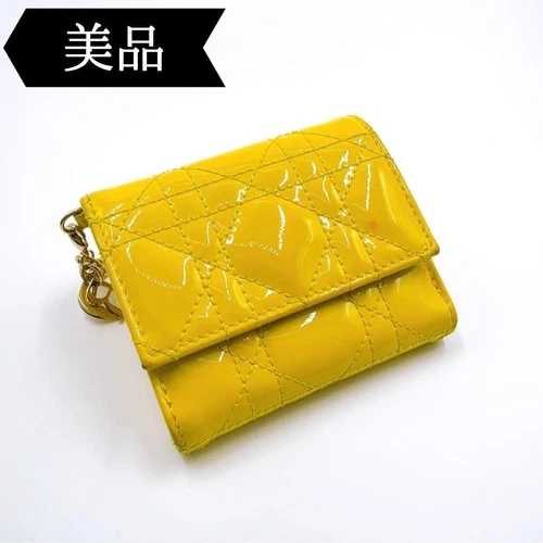 Portefeuille Dior Tri pli Lady Lotus cuir verni jaune authentique du Japon RA