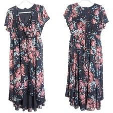 Dark Romantic Faux Wrap Dress High-Low Swiss Dot Floral Dark Grey Size M/L
