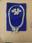 Mesh Silver Tone Flower Necklace Earrings & Ring Set Costume Jewelry Vintage