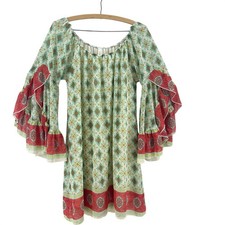 2tee Couture Bell Sleeve Dress Womens M Cream Teal Coral Boho Fairy Gypsy