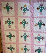 Quilt Top 91 X 79 Potted Plants Appliqu  Finish Colorful Pink Border Pretty