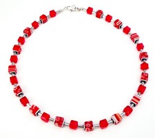 Halskette Würfel Glas Millefiori Murano Art Rot gemustert , Kristallglas  107e