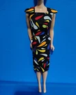 Vintage Look Dress For Barbie, Sheath With Gold Buttons, Swirling Colors