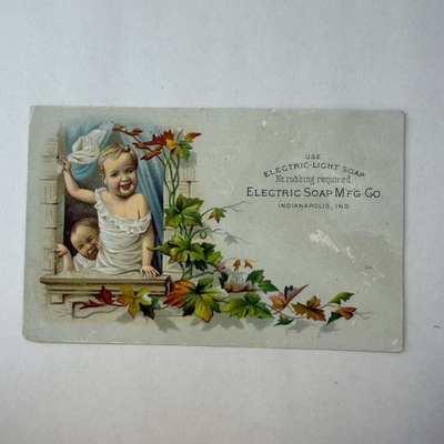 #ad Indianapolis IN Electric Soap Mfg Co Trade Card Children Window Leaves Victorian $11.21